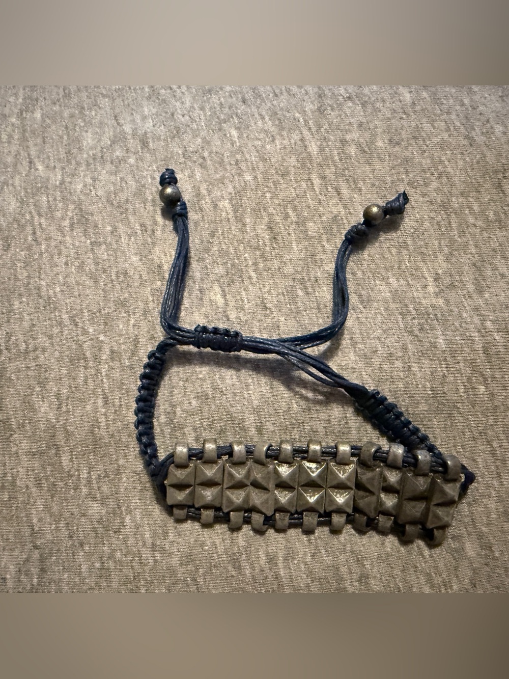 Adjustable Navy Cord and Gunmetal Pyramid Stud Bracelet